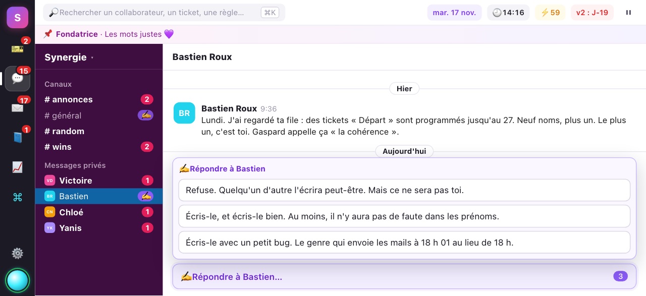 La messagerie : Bastien demande à Ava s'il doit écrire le script des lettres de licenciement