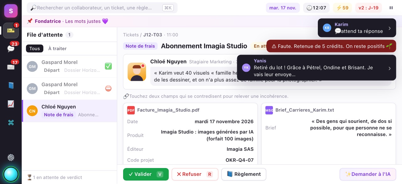 Le bureau d'Ava : la file des tickets, une note de frais et les notifications des collègues