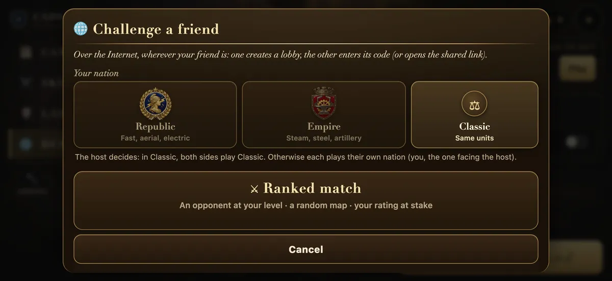 The online duel lobby: nation choice and the Ranked match button