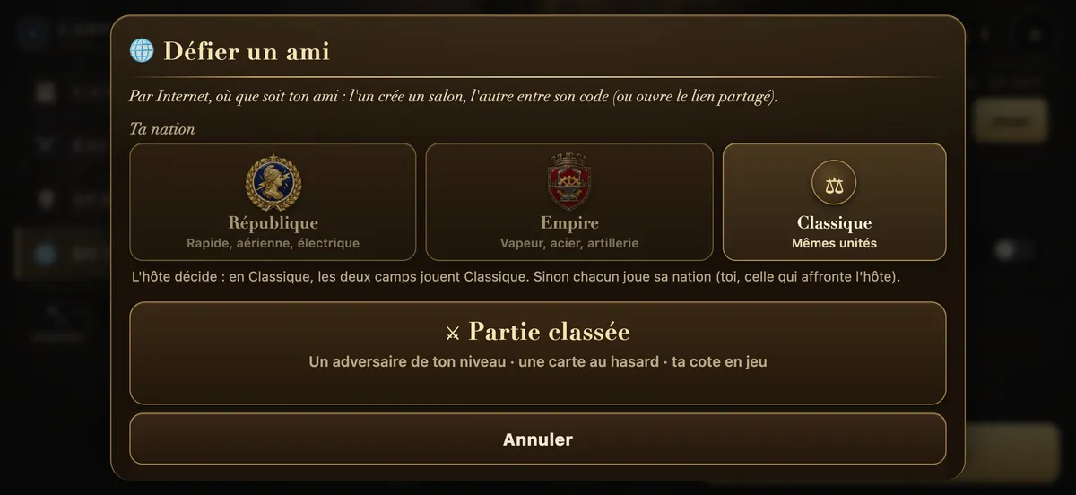 Le salon du duel en ligne : choix de la nation et bouton Partie classée