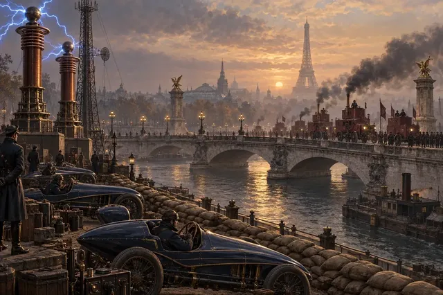 Des automobiles blindées sur les quais de la Seine, sous un ciel d’orage