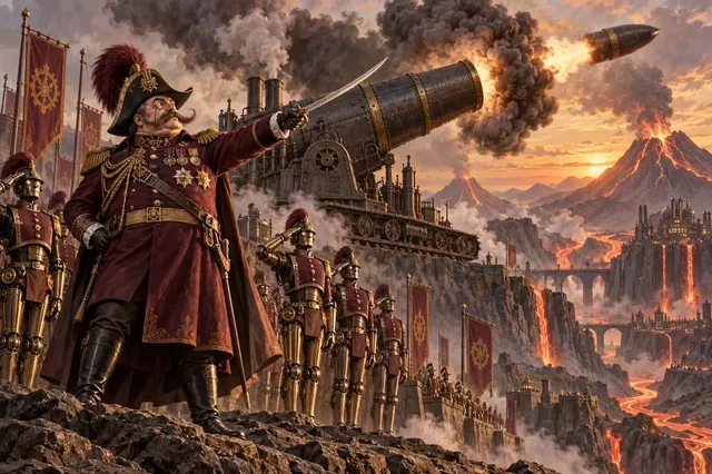Un officier de l’Empire devant ses canons, au pied d’un volcan