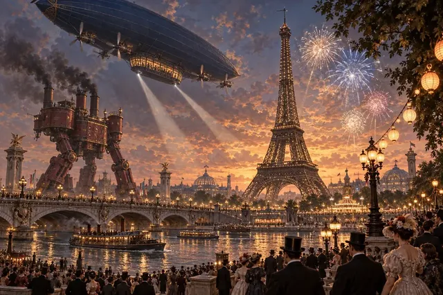 Un Gargantua et un dirigeable au-dessus de Paris illuminé